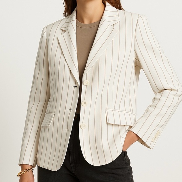 Jackets & Blazers - White Jacket Taupe Pinstripe Lightweight Blazer Lined Casual Business Size 11 12